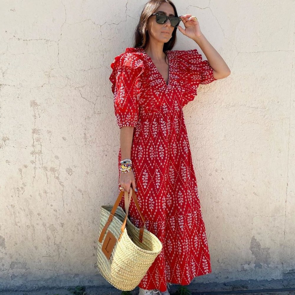 Zara Red and White Printed Midi Dress